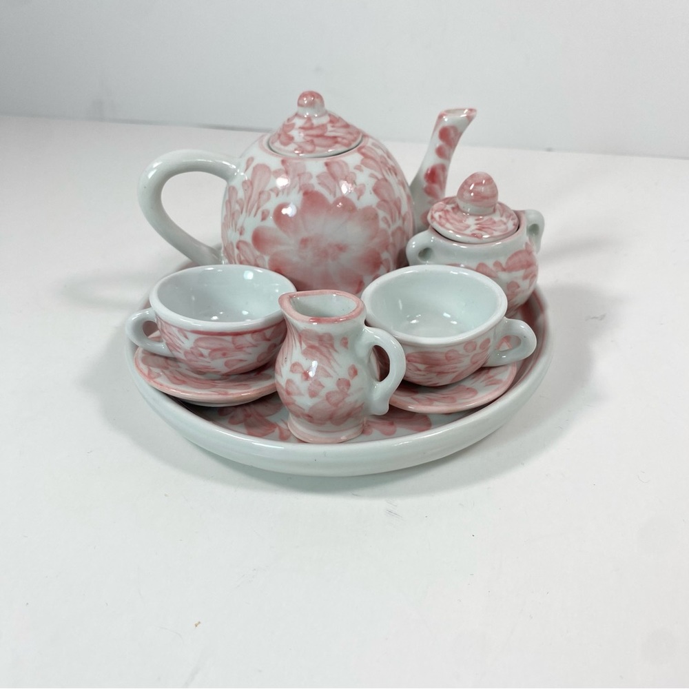 Miniature Ceramic Tea Set Tea Party Dollhouse Pink White Floral Flowers Tea Pot